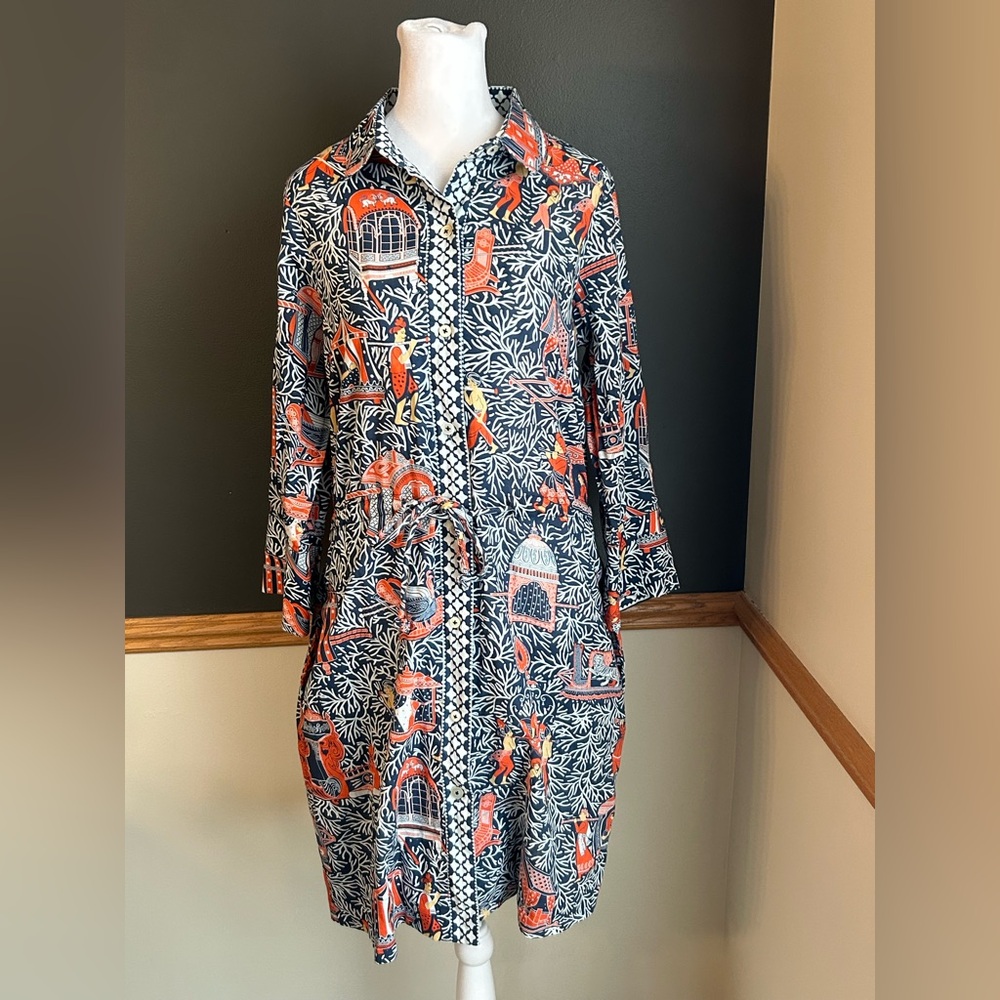 Gretchen Scott Cotton Palanquin Party Print Button Front Cinch Waist Dress Small